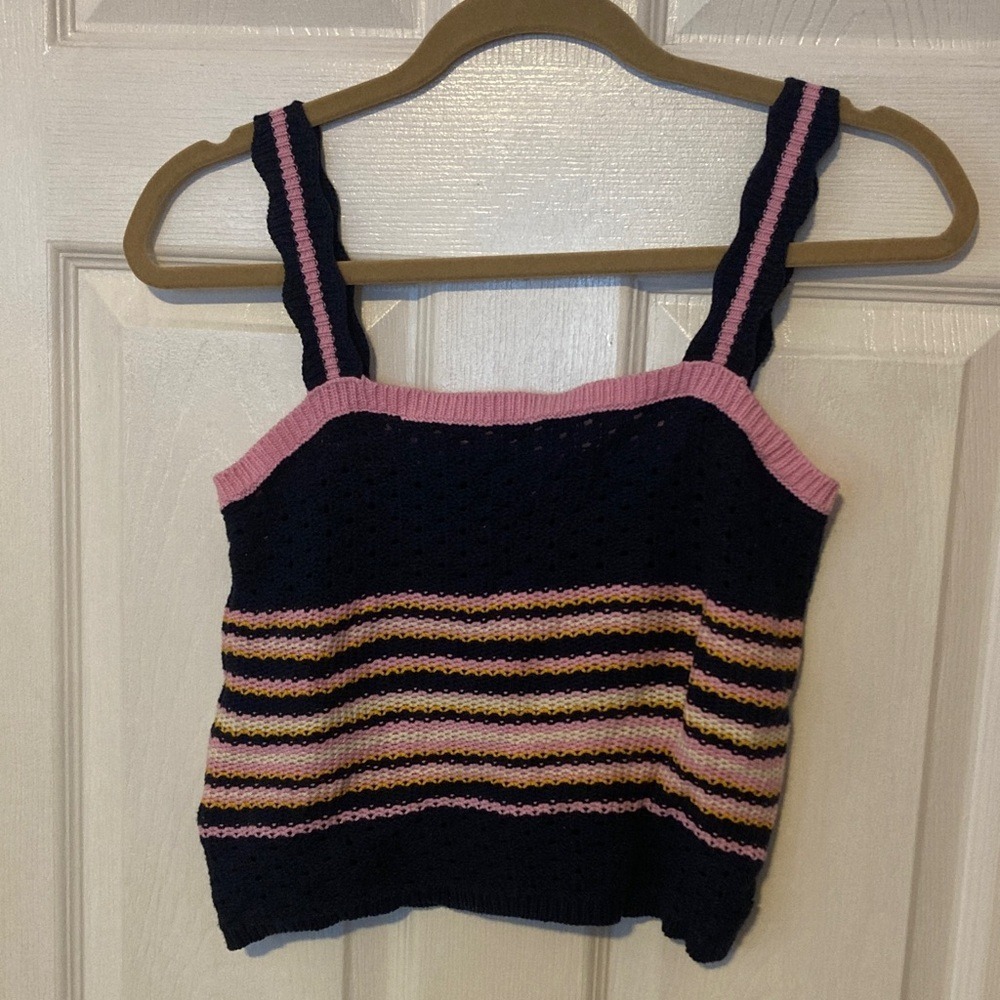 Vero Moda Womens Navy Blue Pink Striped Crochet KnitTank Top Ruffle Strap Medium